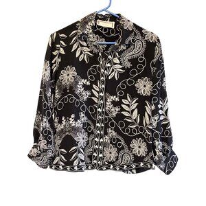 Johnny Was Black & White Floral Paisley Silk Blouse XS Open Collar Embroidered